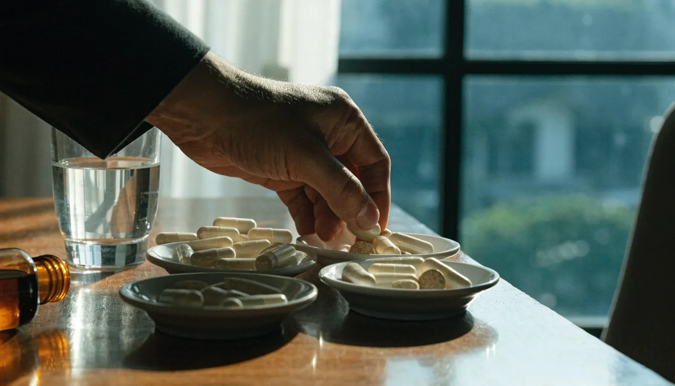 Overhead halftone plate of pale capsules and mineral tablets tipped from an unbranded amber bottle beside a glass of water