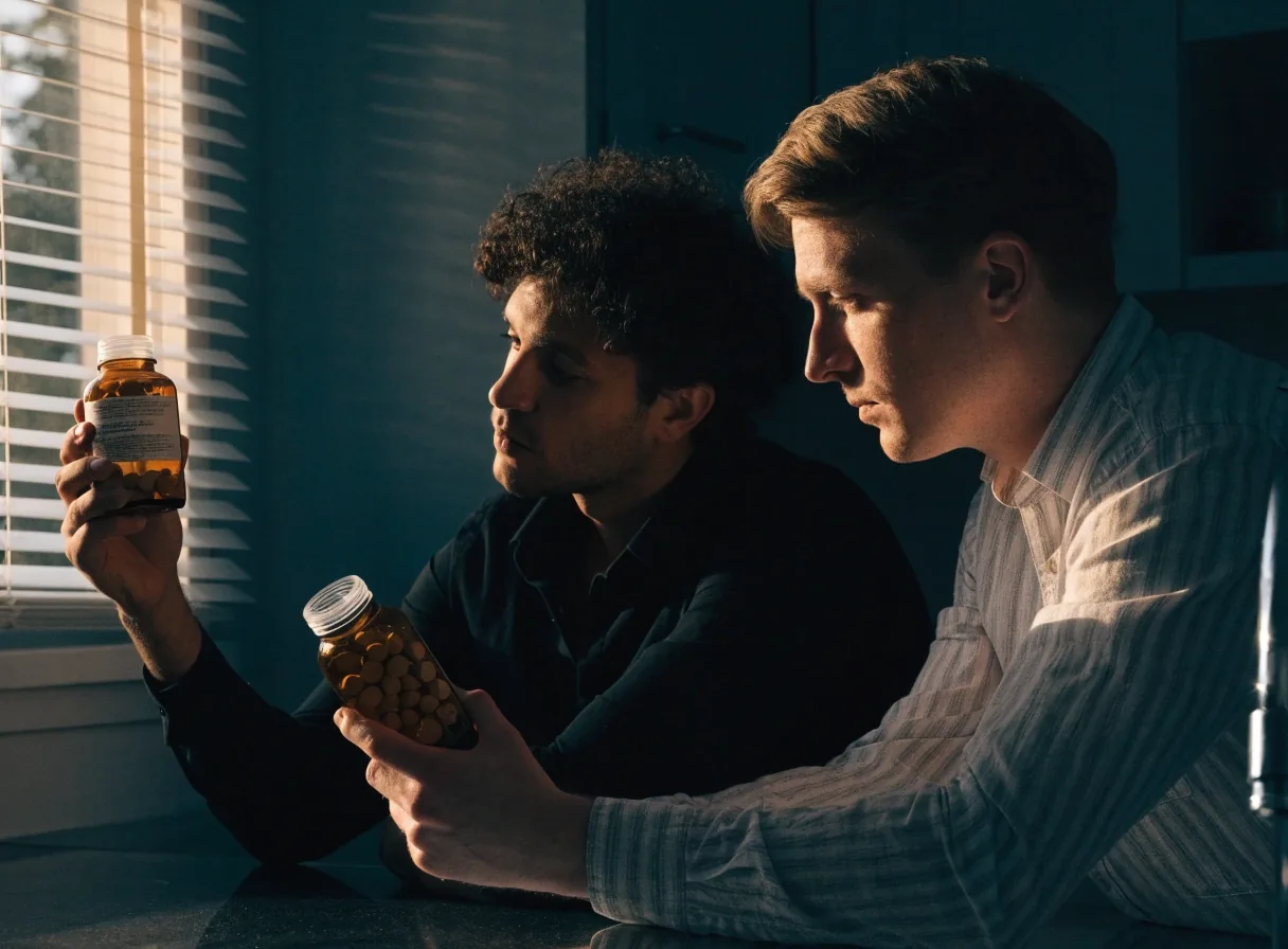 Two men comparing two unmarked supplement bottles at a kitchen counter in window light
