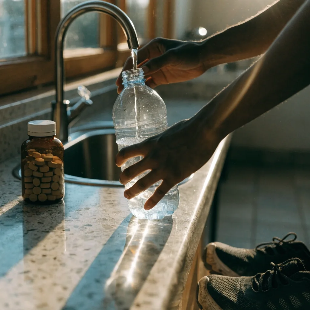 Hands filling a water bottle at a kitchen sink with training shoes nearby