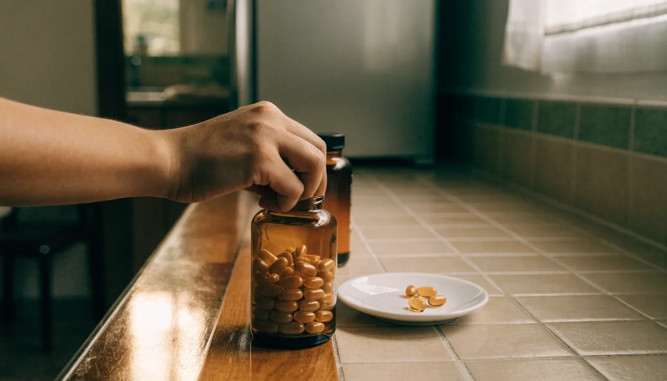 A hand taking a plain amber supplement bottle from a kitchen shelf in the afternoon, a second closed bottle and loose capsules on a saucer beside it