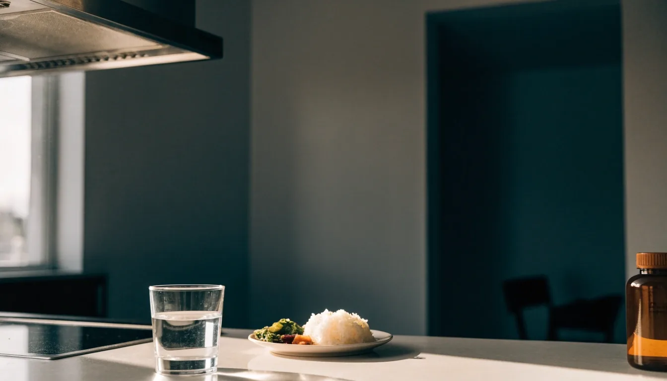 A kitchen counter with a glass of water, a plate of everyday food and one plain supplement bottle in afternoon light
