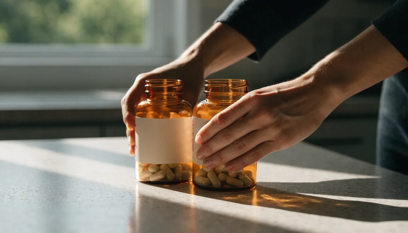Two hands comparing two plain unbranded amber supplement bottles at a kitchen window in the afternoon light