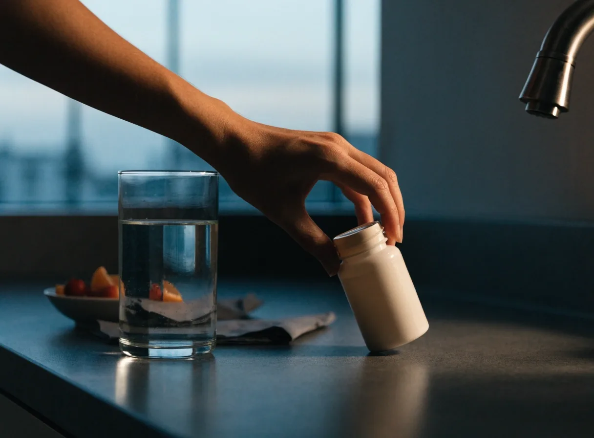 An unmarked amber supplement bottle and a glass of water on a dark kitchen counter in early morning light