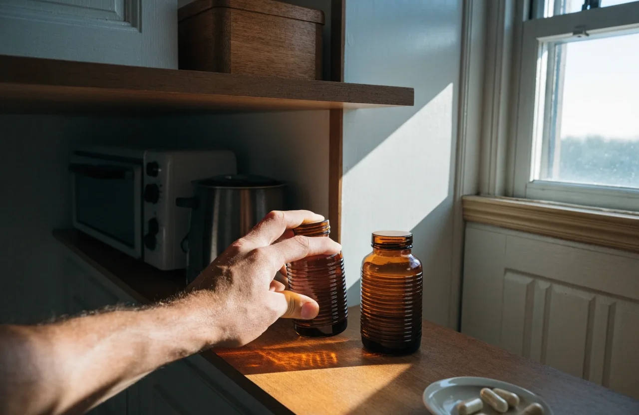 A hand reaching for amber supplement bottles on a kitchen shelf in low afternoon light