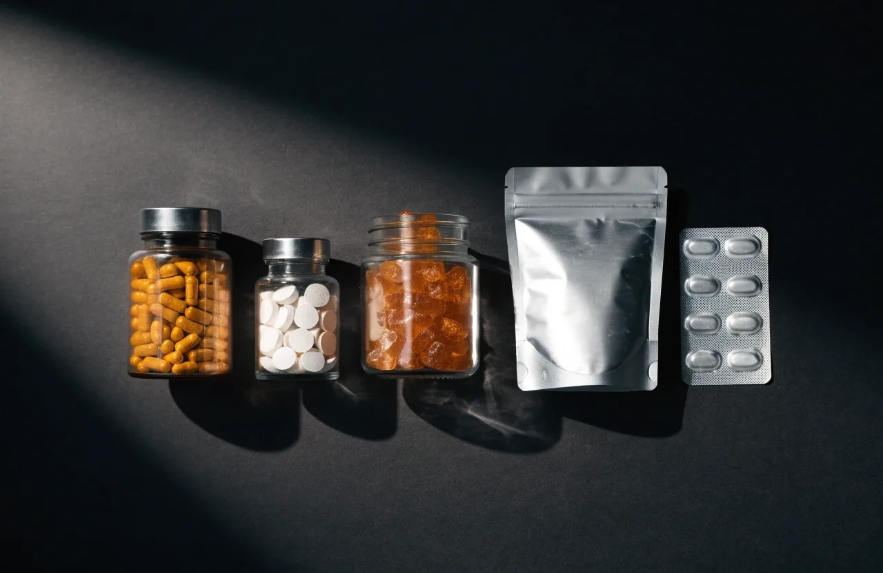 Five unmarked supplement containers lined up in a row on a dark matte surface, seen from directly above